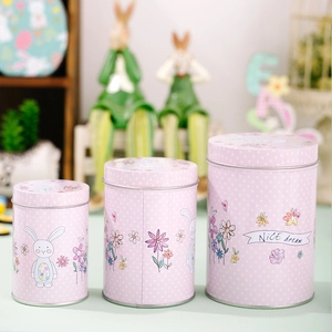 Three-piece set of pink polka dot Easter rabbit tinplate storage cans with lids