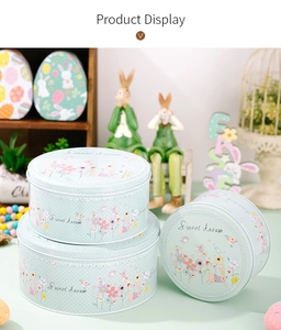 Vue détaillée des boîtes de rangement rondes de Pâques avec motifs de lapins dessinés