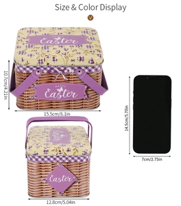 Size comparison of floral Easter tin baskets with a smartphone for scale reference