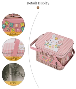 Detail showing the pink metal handle and woven texture on this Easter tin basket