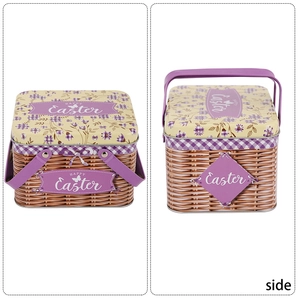 Easter tin basket with Happy Easter print, floral lid and purple handle detail view