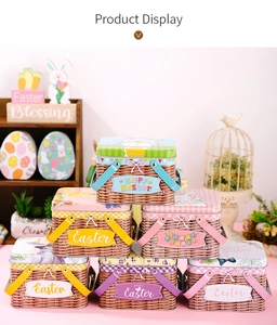 Detail showing decorative Easter tin gift baskets with colorful rabbit and egg patterns