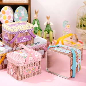 Close-up of colorful Easter tin baskets with rabbit patterns and Happy Easter text