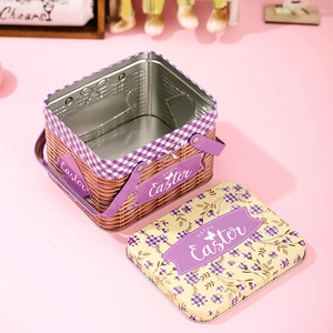 Macro view of Easter tin gift basket with purple handle and Happy Easter print