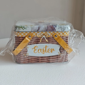 Easter tin storage box with woven basket print, rabbit illustration and yellow handle