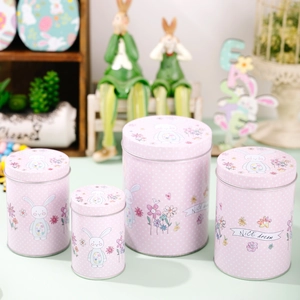 Pink polka dot Easter bunny tin storage containers in four sizes for candy gift packaging