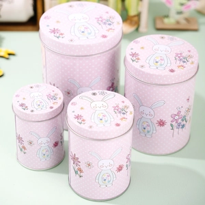 Pink Easter bunny tin storage box set with 4 sizes and cute floral cartoon patterns