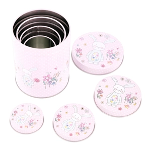 Five-piece nested Easter bunny tin storage cans with pink floral and polka dot patterns