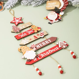 Wooden Christmas tree wall hanging decoration with gingerbread man and festive beads
