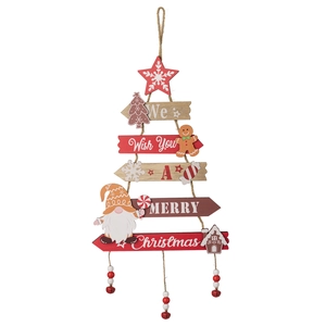 Christmas tree wooden hanging ornament with gingerbread man and festive decorations