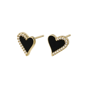 Asymmetrical black heart stud earrings with sparkling pavé crystals in gold plating