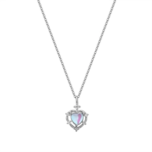 S925 sterling silver necklace with hollow heart frame and blue moonstone pendant