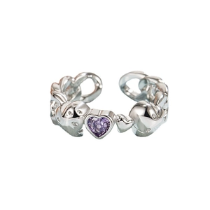 Adjustable silver ring featuring a purple heart-shaped stone and side micro-pavé zircons