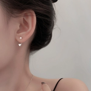 S925 silver heart and pearl jacket earrings set shown on model with matching chain