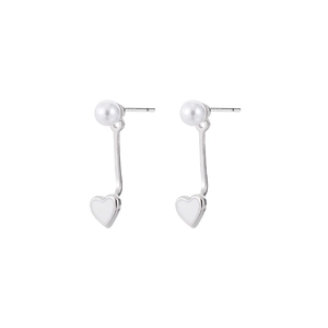 Elegant S925 sterling silver heart drop earrings featuring white pearls and sleek long dangles