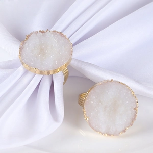 Natural white crystal cluster napkin rings with gold trim set of two for dining decor