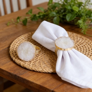 Natural quartz napkin ring with gold plated edges and white crystal druzy slices