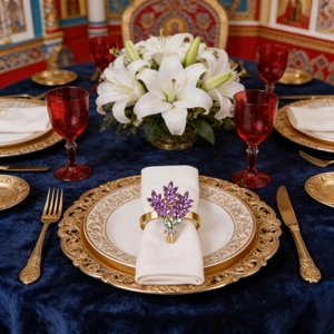 Détail du rond de serviette en cristal violet épi de blé sur un set de table de luxe