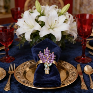 Rond de serviette épi de lavande avec cristaux violets et métal doré sur velours