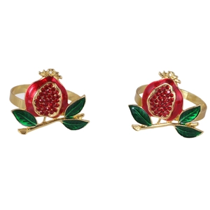 Ronds de serviette grenade dorés avec cristaux rouges et feuilles d'émail vert