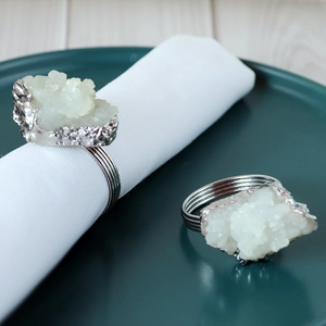White Crystal Cluster Napkin Ring Silver Zinc Alloy Druzy Stone Table Decor Holder For Hotel Wedding Dinner Party