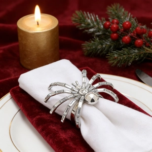 Silver spider napkin ring with sparkling crystals on a white fabric napkin at a festive table