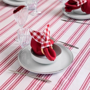 Easter napkin ring with red plaid bunny ears on wooden ring for festive table decor