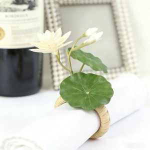 European style white lotus napkin ring with green leaf and woven vine loop for table decor