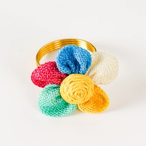 Portatovagliolo con fiori colorati in tela e base ad anelli in metallo dorato