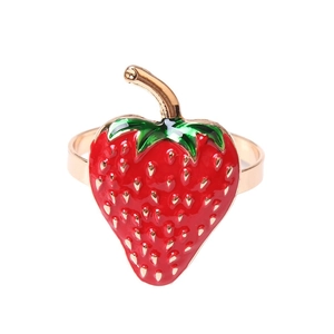 Main view of red strawberry napkin ring with green leaves and gold finish on white background