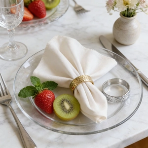 Elegant gold and silver hammered napkin rings set with white linen napkin on marble surface