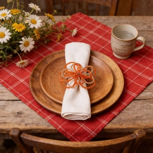 Handmade orange and gold beaded flower napkin ring on a white linen napkin