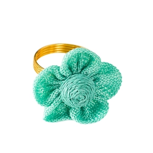 Portatovagliolo con fiore in finto lino verde e base in filo metallico dorato intrecciato