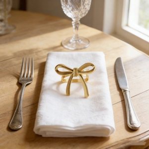 Close-up of golden bow-shaped metal napkin ring on a white cloth with silverware