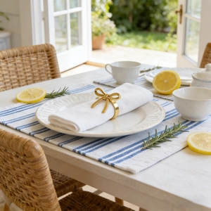 Close-up of golden bow napkin ring on white fabric napkin and fine porcelain plate