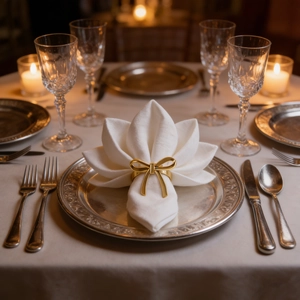 Close-up of golden bow-shaped metal napkin ring on a white cloth with vintage cutlery