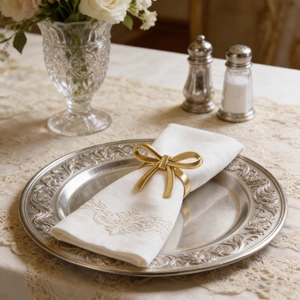 Close-up of golden bow napkin ring on white embroidered cloth for table decor