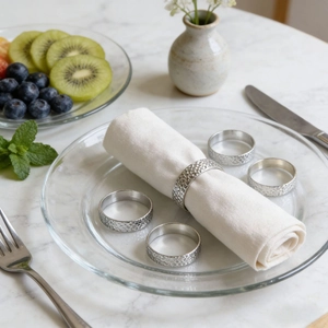 5-piece silver hammered metal napkin ring set on a luxury marble dining table setup