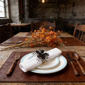 Detailed view of a handmade black beaded flower napkin ring with a sparkling crystal center