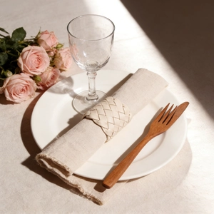 Handwoven cream leather napkin ring featuring classic cross-weave design on linen