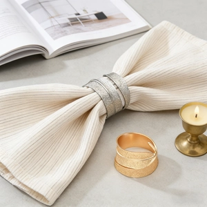 Modern brushed metal napkin ring set in gold and silver finish for upscale table decor