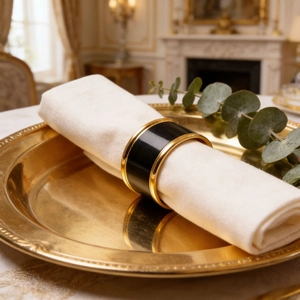 Luxurious black and gold napkin ring with white linen napkin on a decorative gold plate