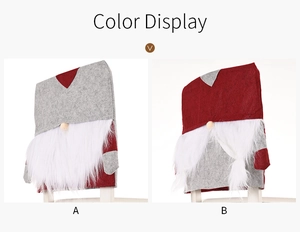 Detail of Christmas gnome chair covers in red and grey with long white beards