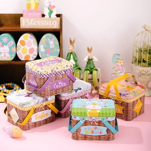 Easter Basket Tinplate Box With Handle Metal Gift Packaging Candy Storage Rabbit Pattern Woven Texture Holiday Decor