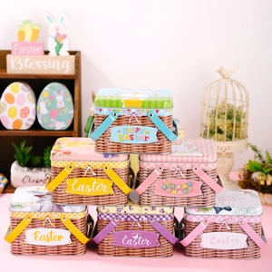 Colorful Easter tin baskets with bunny motifs and Happy Easter labels for candy storage