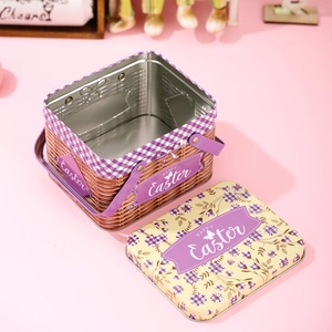 Easter tin storage basket with purple handle and Happy Easter floral festive prints