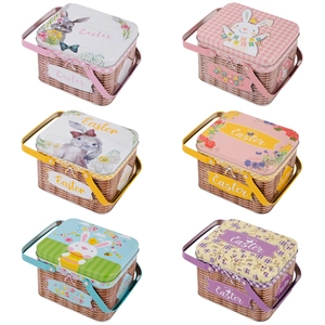 Easter tin baskets with colorful rabbit designs and faux wicker texture in various colors