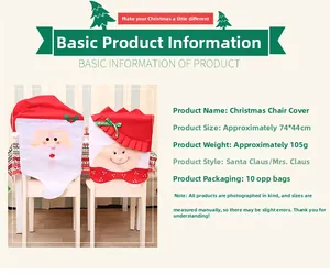 Detailed view of red Christmas chair covers with Santa Claus and Mrs. Claus motifs