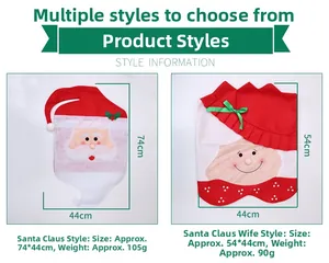 Size chart for Santa and Mrs. Claus non-woven chair covers with dimensions and weight