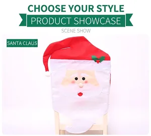 Detail of Santa Claus chair cover with white beard and holly on wooden dining chair